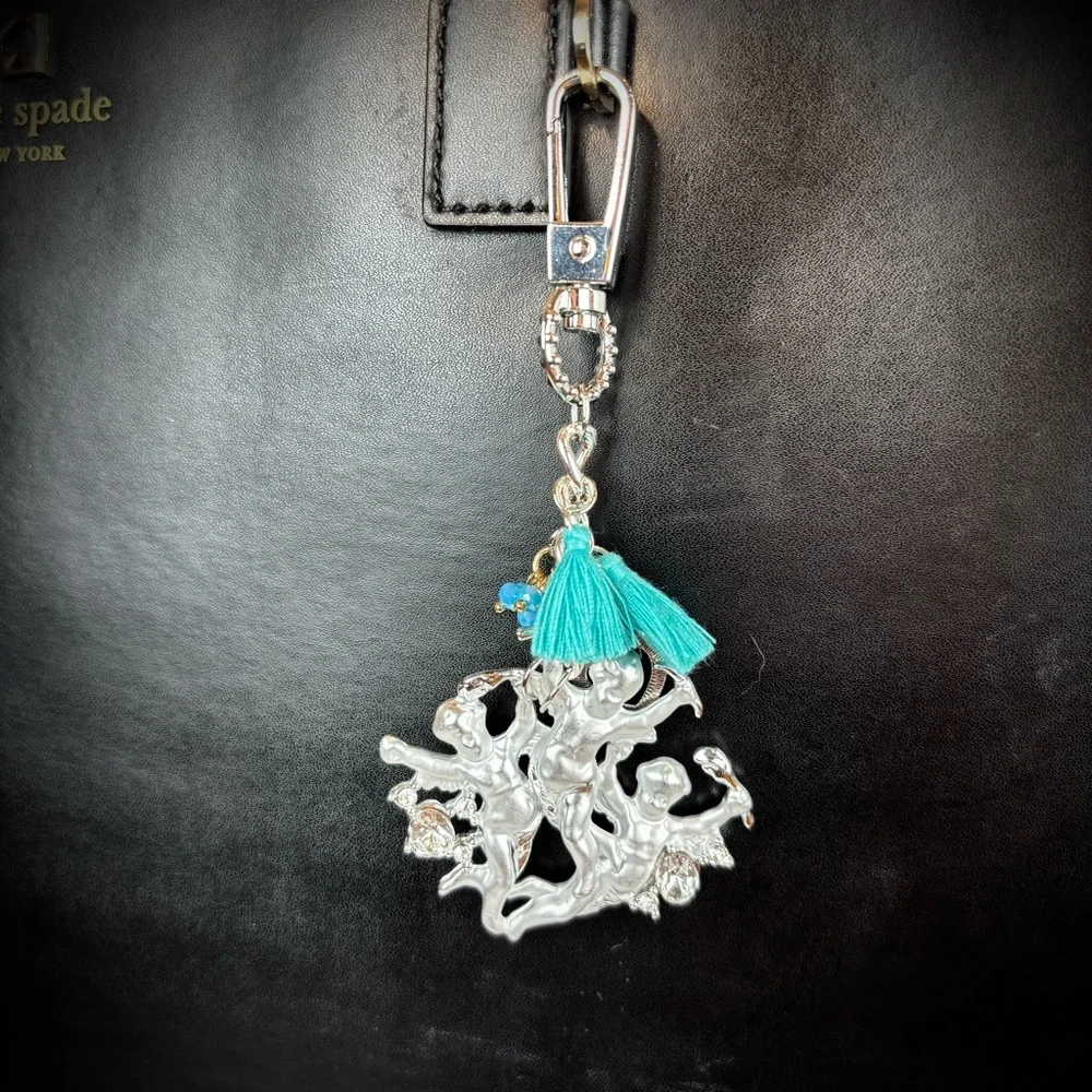 Silver Cherub‎ Keychain with Teal Tassels & Rhinestone Accents Hand Crafted